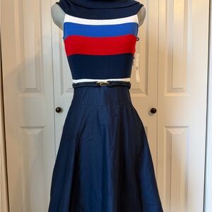 Ralph Lauren Navy Dress belted at waist an Striped off shoulder on Top